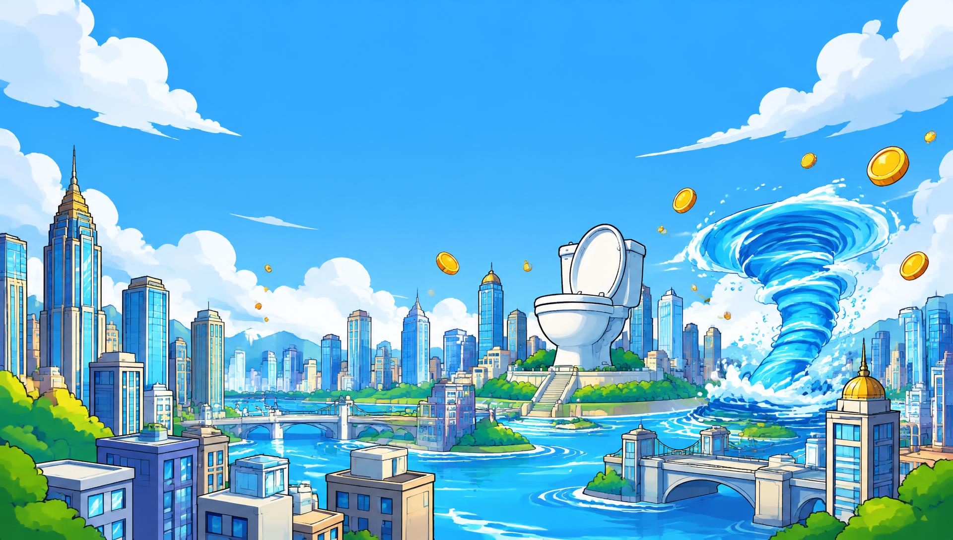 Cartoon city skyline with a giant porcelain toilet and a swirl of water